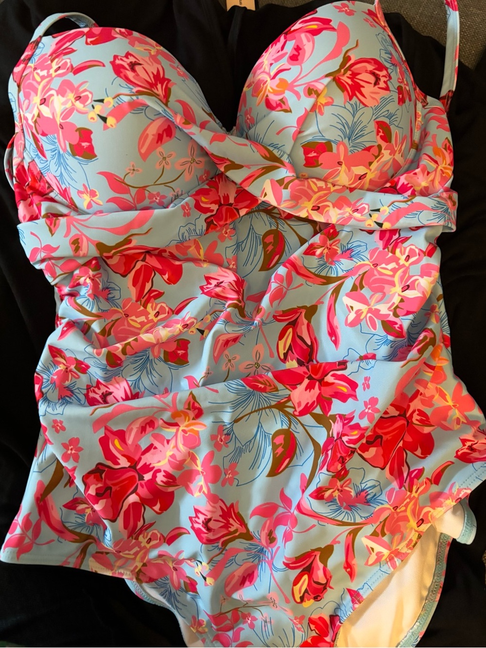 Floral One-Piece Swimsuit in Sky Blue and Pink - Women's